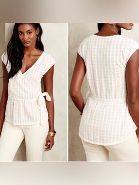 Anthropologie Deletta Ivory Faux Wrap Cap-Sleeve Blouse